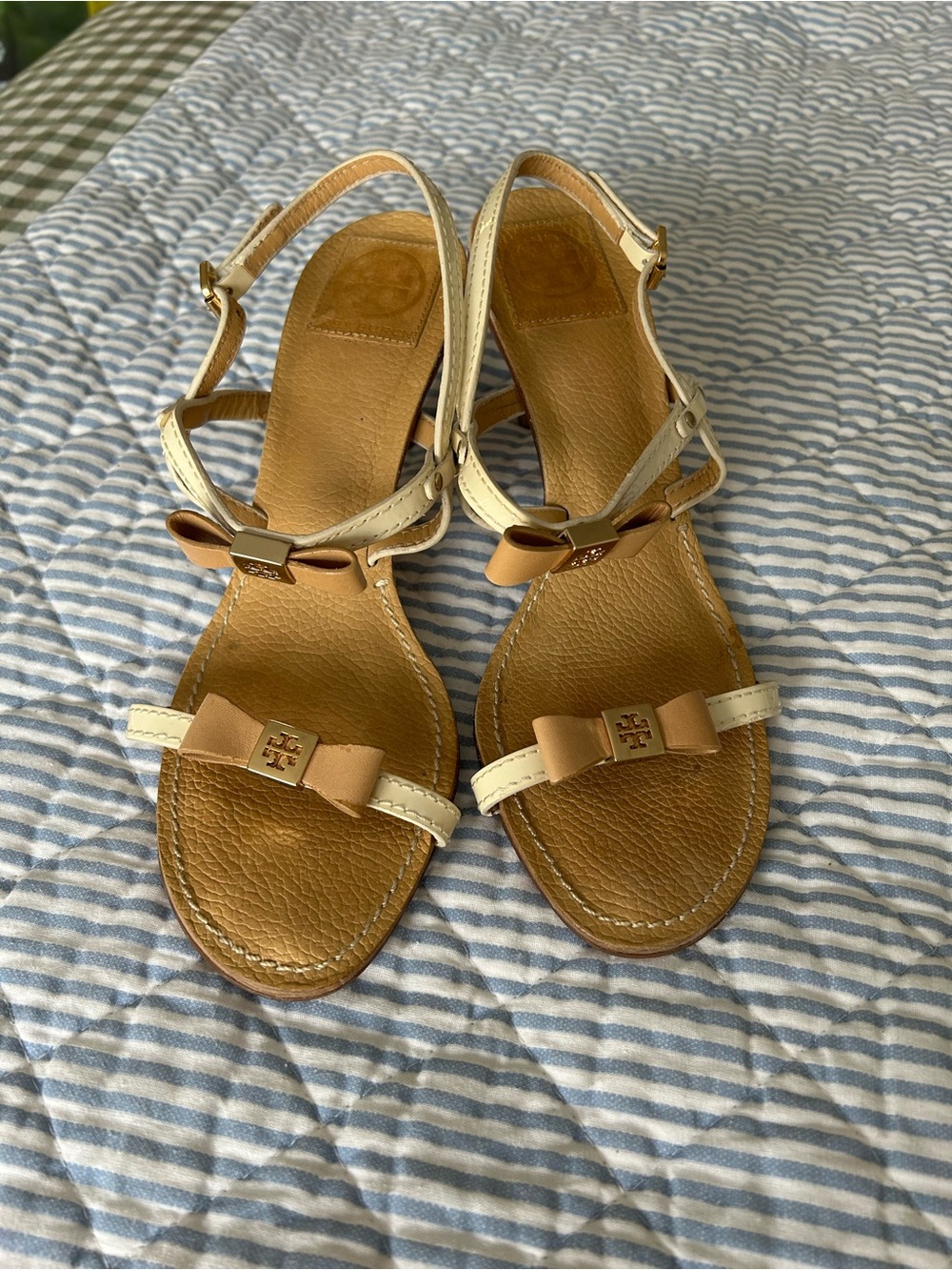 Tory Burch Cream and Tan Bow Slingback Sandals